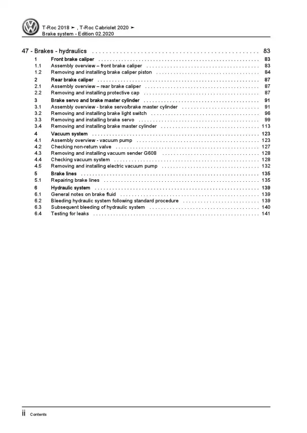 VW T-Roc Cabrio AC 2019-2021 brake systems repair workshop manual pdf ebook