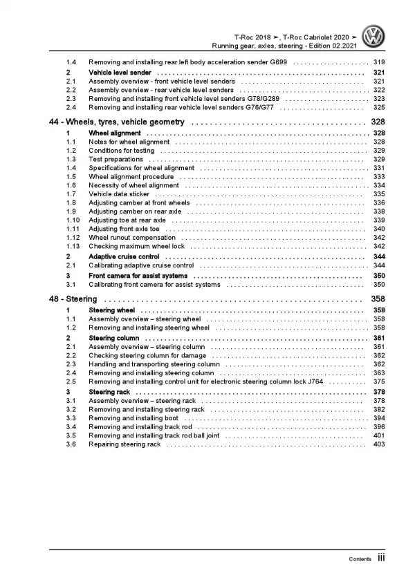 VW T-Roc Cabrio AC 2019-2021 running gear axles steering repair workshop manual