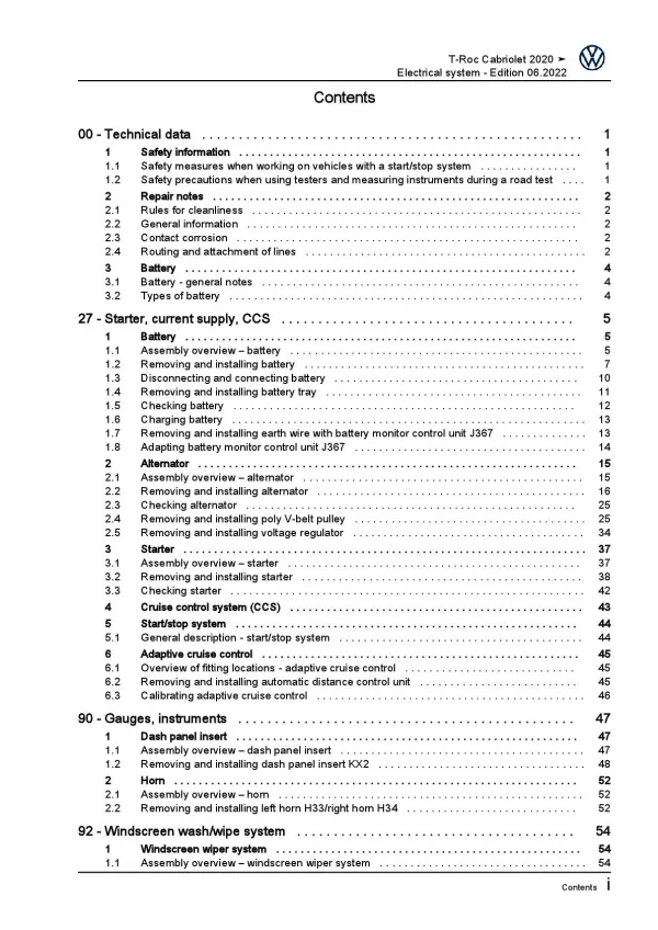 VW T-Roc Cabrio type AC 2019-2021 electrical system repair workshop manual pdf