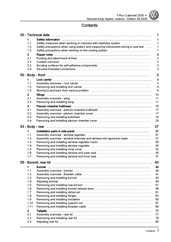 VW T-Roc Cabrio AC 2019-2021 general body repairs exterior workshop manual pdf