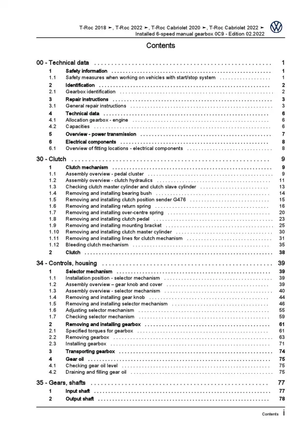 VW T-Roc Cabrio AC 2019-2023 installed 6 speed manual gearbox 0C9 repair manual