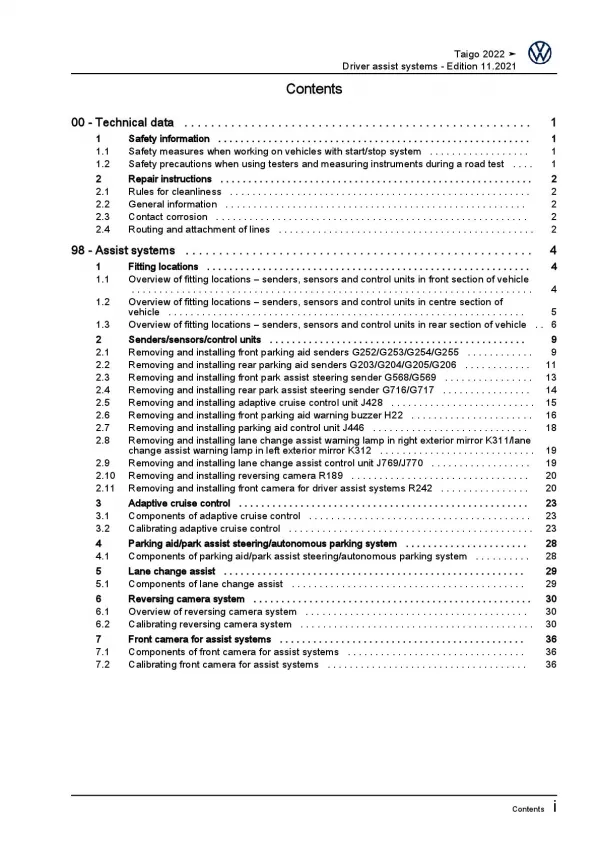 VW Taigo type CS from 2021 drivers assist system repairs workshop manual pdf