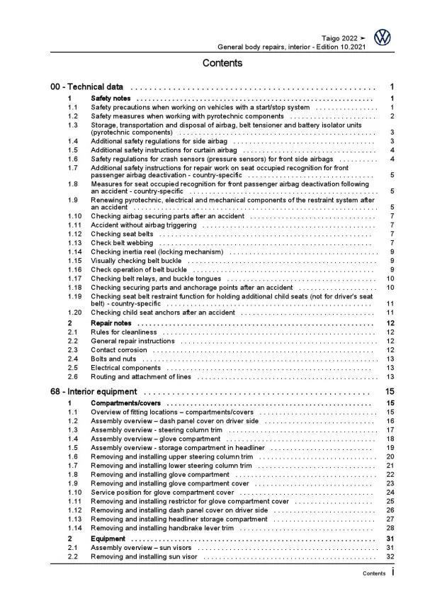 VW Taigo CS from 2021 general body repairs interior repair workshop manual pdf