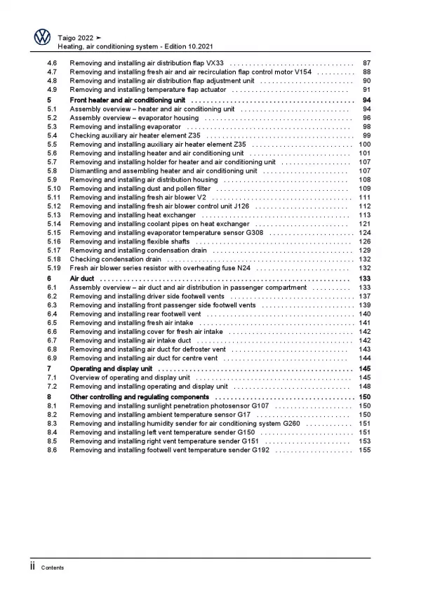VW Taigo CS from 2021 heating air conditioning system repair workshop manual pdf