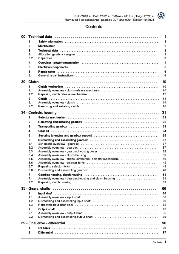 VW Taigo CS from 2021 removed 5 speed manual gearbox 0DF 0D0 repair manual pdf