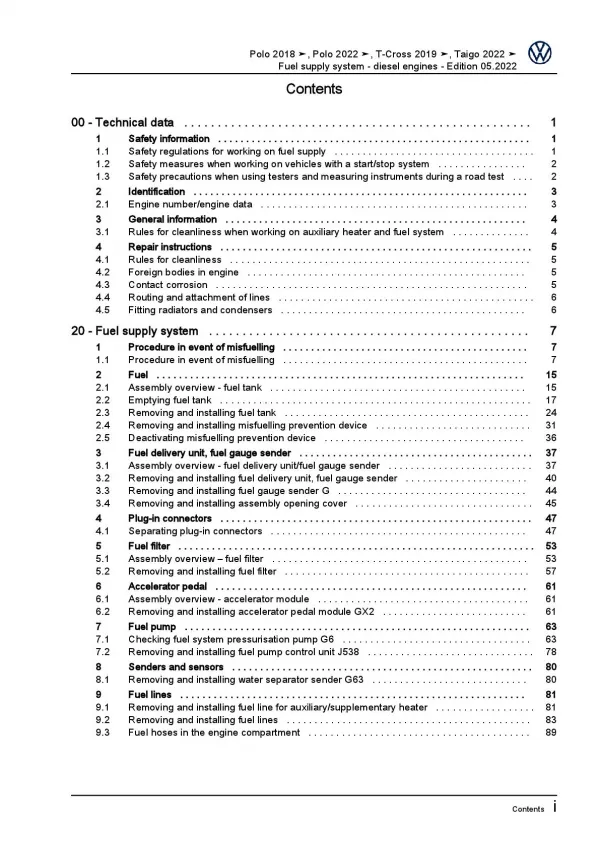 VW Taigo type CS from 2021 fuel supply system diesel engines workshop manual pdf