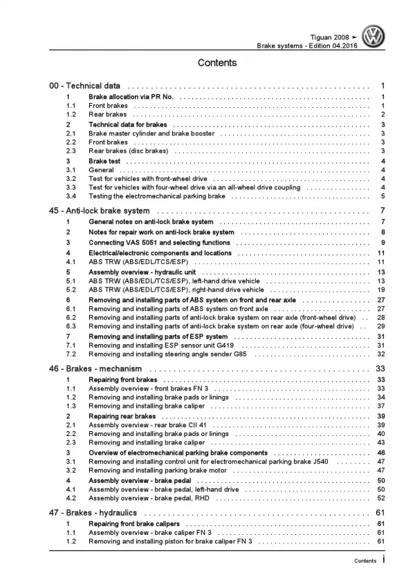 VW Tiguan type 5N 2007-2016 brake systems repair workshop manual pdf ebook