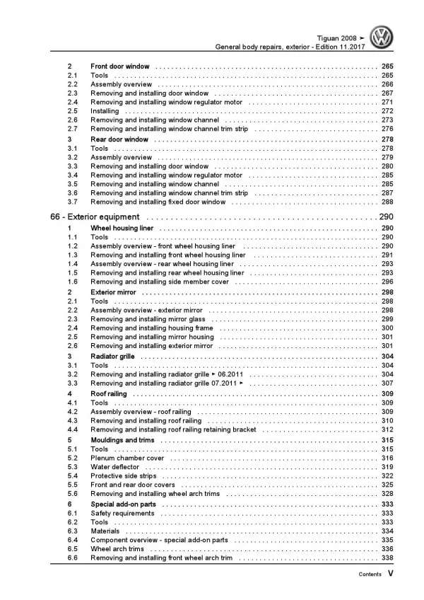 VW Tiguan 5N 2007-2016 general body repairs exterior repair workshop manual pdf