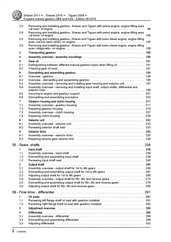 VW Tiguan 5N (07-16) 6 speed manual gearbox 0BB 02Q repair workshop manual pdf