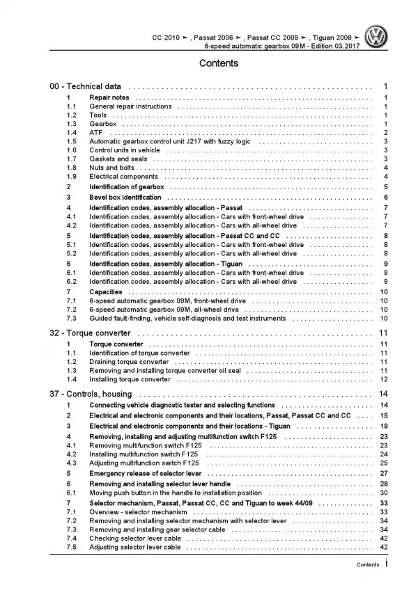 VW Tiguan 5N 2007-2016 6 speed automatic gearbox 09M repair workshop manual pdf