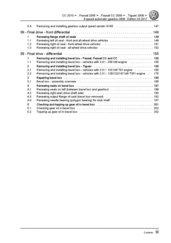 VW Tiguan 5N 2007-2016 6 speed automatic gearbox 09M repair workshop manual pdf
