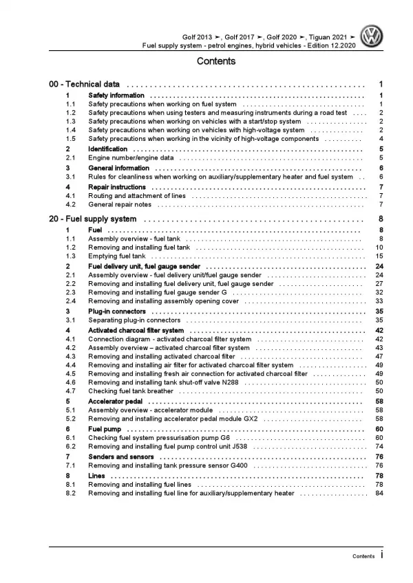 VW Tiguan AX from 2021 fuel supply system petrol engines workshop manual pdf