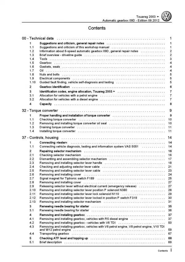 VW Touareg 7L 2002-2010 6 speed automatic gearbox 09D repair workshop manual pdf