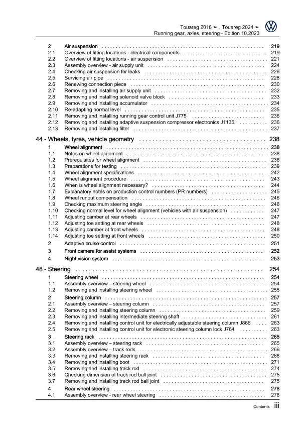 VW Touareg 3 CR from 2018 running gear axles steering repair workshop manual pdf