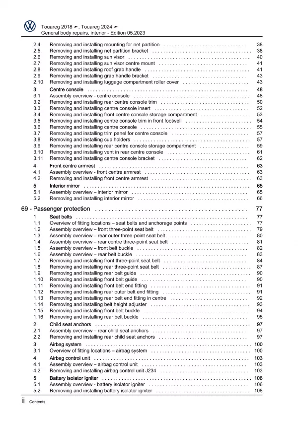 VW Touareg 3 CR from 2018 general body repairs interior repair workshop manual