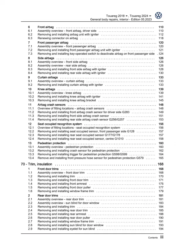 VW Touareg 3 CR from 2018 general body repairs interior repair workshop manual