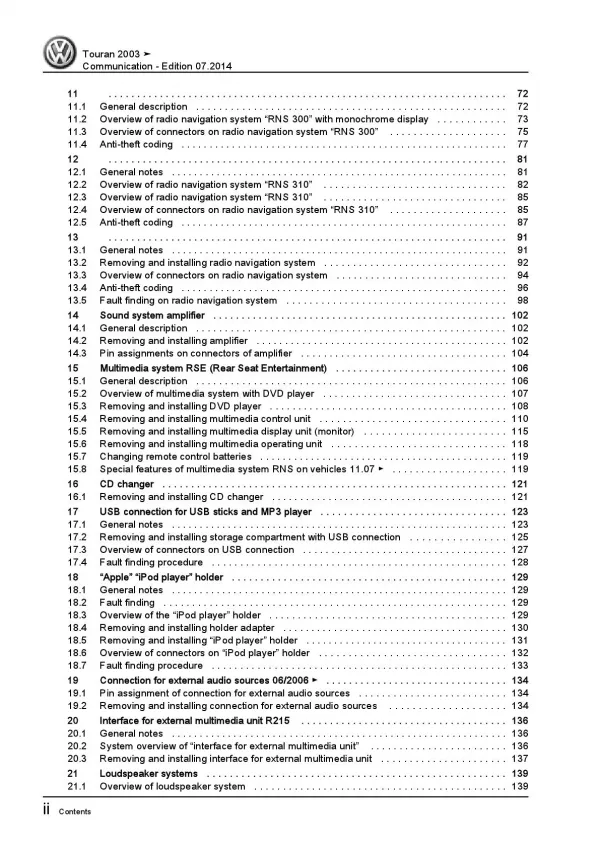 VW Touran 1T 2003-2015 communication radio navigation repair workshop manual pdf