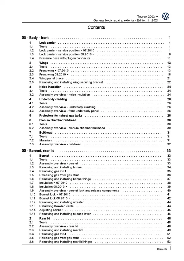 VW Touran 1T 2003-2015 general body repairs exterior repair workshop manual pdf