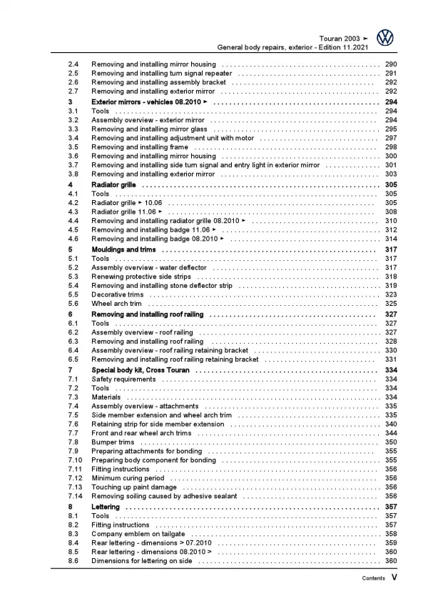 VW Touran 1T 2003-2015 general body repairs exterior repair workshop manual pdf