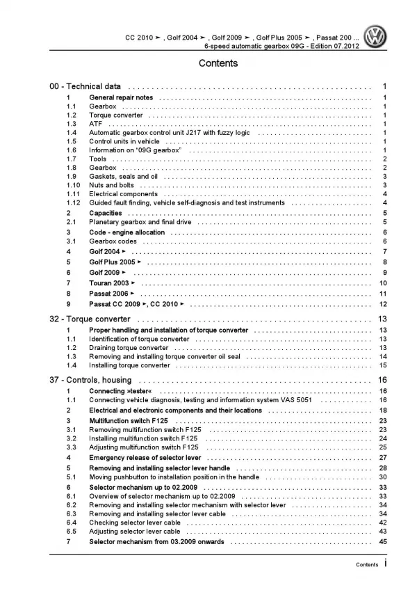 VW Touran 1T 2003-2015 6 speed automatic gearbox 09G repair workshop manual pdf