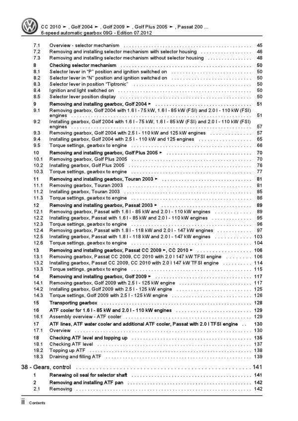 VW Touran 1T 2003-2015 6 speed automatic gearbox 09G repair workshop manual pdf