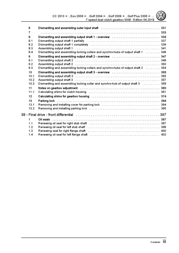 VW Touran 1T (03-15) 7 speed dual clutch gearbox 0AM repair workshop manual pdf