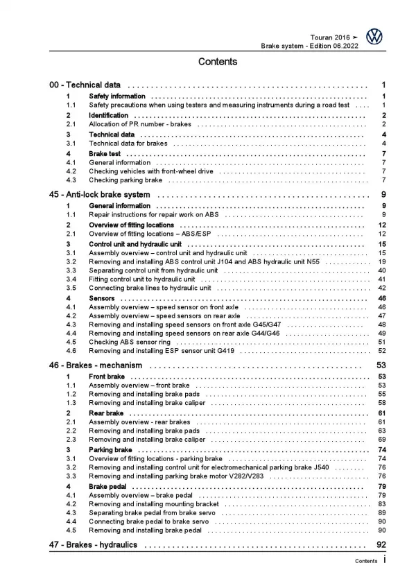 VW Touran type 5T from 2015 brake systems repair workshop manual pdf ebook