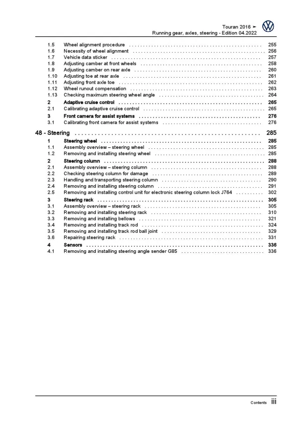 VW Touran 5T from 2015 running gear axles steering repair workshop manual pdf