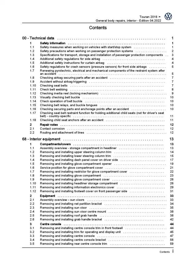 VW Touran 5T from 2015 general body repairs interior repair workshop manual pdf