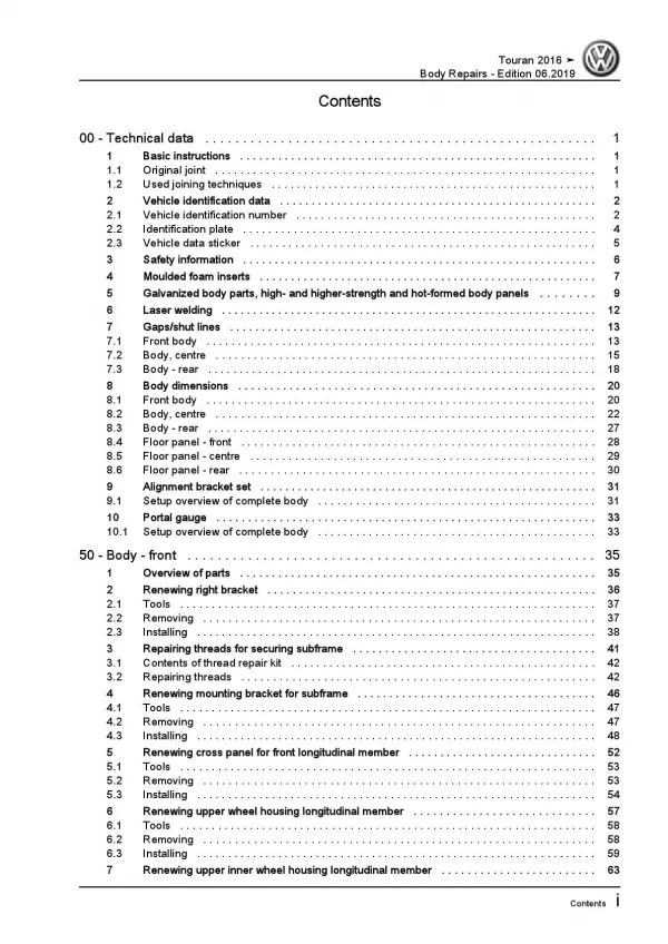 VW Touran type 5T from 2015 body repairs workshop repair manual pdf ebook