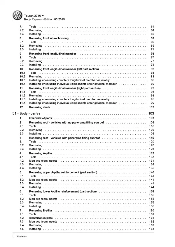 VW Touran type 5T from 2015 body repairs workshop repair manual pdf ebook