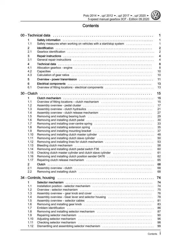 VW Up! 121 2011-2016 5 speed manual gearbox 0CF repair workshop manual pdf