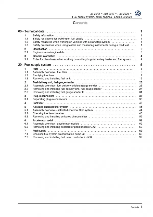 VW Up! 121 (11-16) fuel supply system petrol engines repair workshop manual pdf 