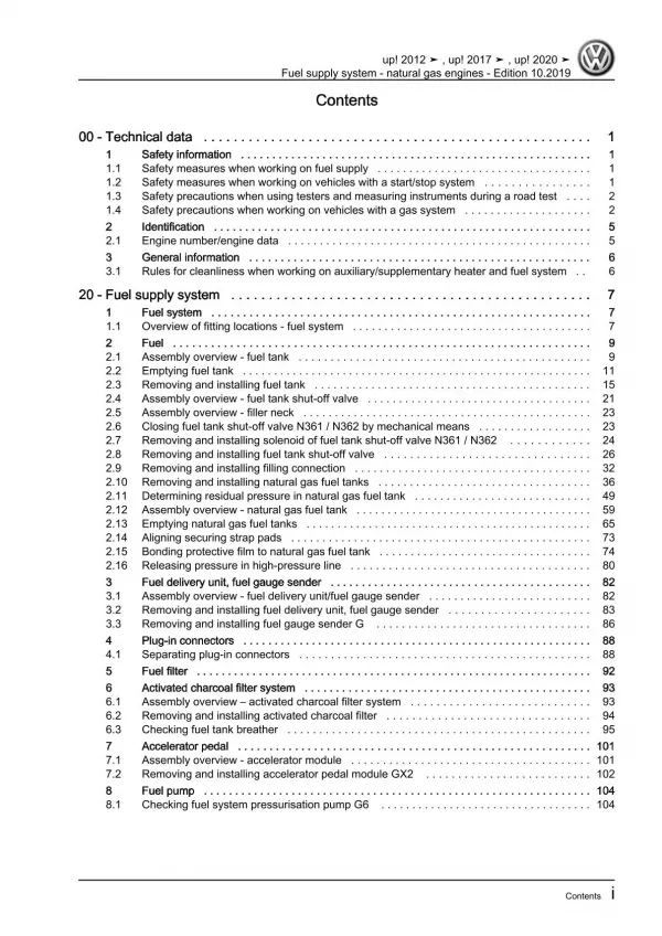 VW Up! 121 2011-2016 fuel supply system natural gas engines workshop manual pdf