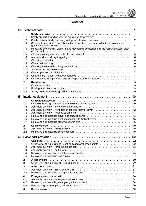 VW XL1 6Z 2012-2016 general body repairs interior repair workshop manual eBook