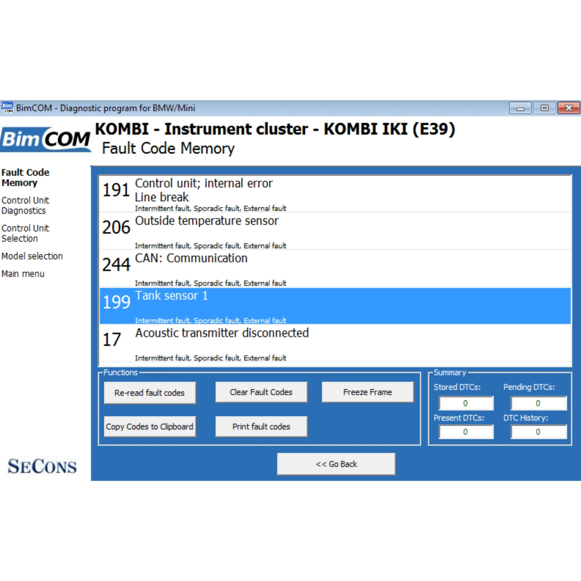 Anzeige der Fehlercodes von BimCom.