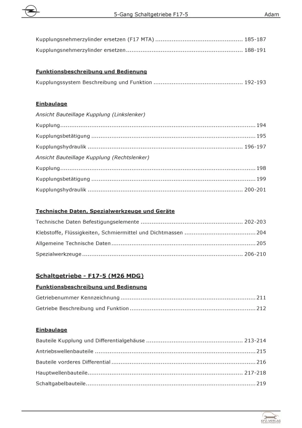 Opel Adam Typ M13 12-19 5-Gang Schaltgetriebe Kupplung M26/MDG Reparaturhandbuch