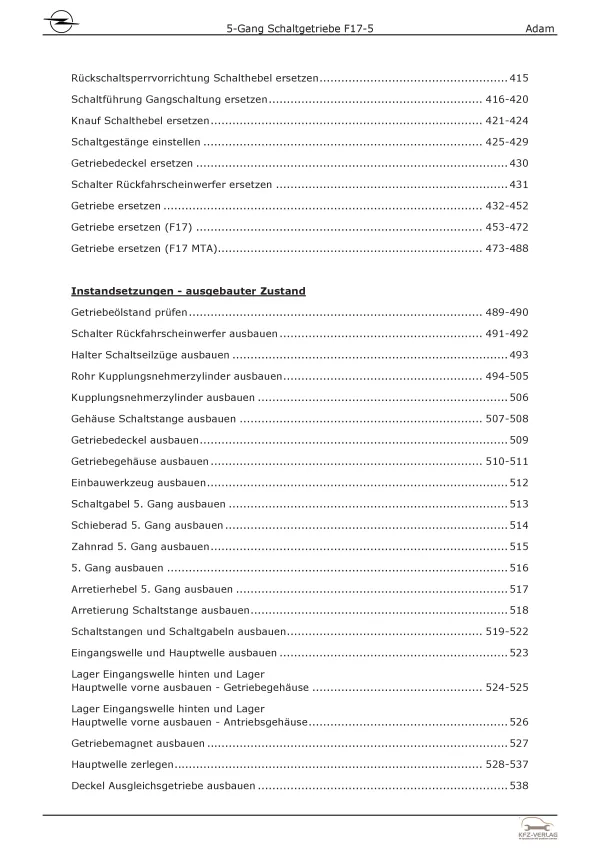 Opel Adam Typ M13 12-19 5-Gang Schaltgetriebe Kupplung M26/MDG Reparaturhandbuch