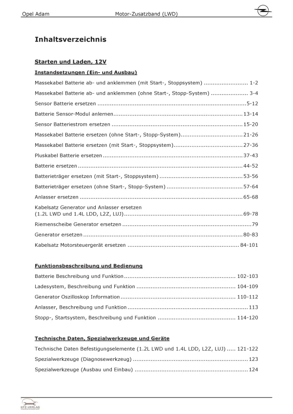 Opel Adam M13 2012-2019 1,2l Benzinmotor 69 PS LWD Zusatzband Reparaturanleitung