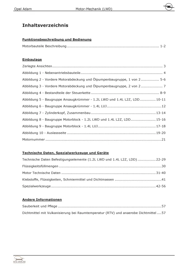 Opel Adam M13 2012-2019 4-Zyl. 1,2l Benzinmotor 69 PS LWD Reparaturanleitung