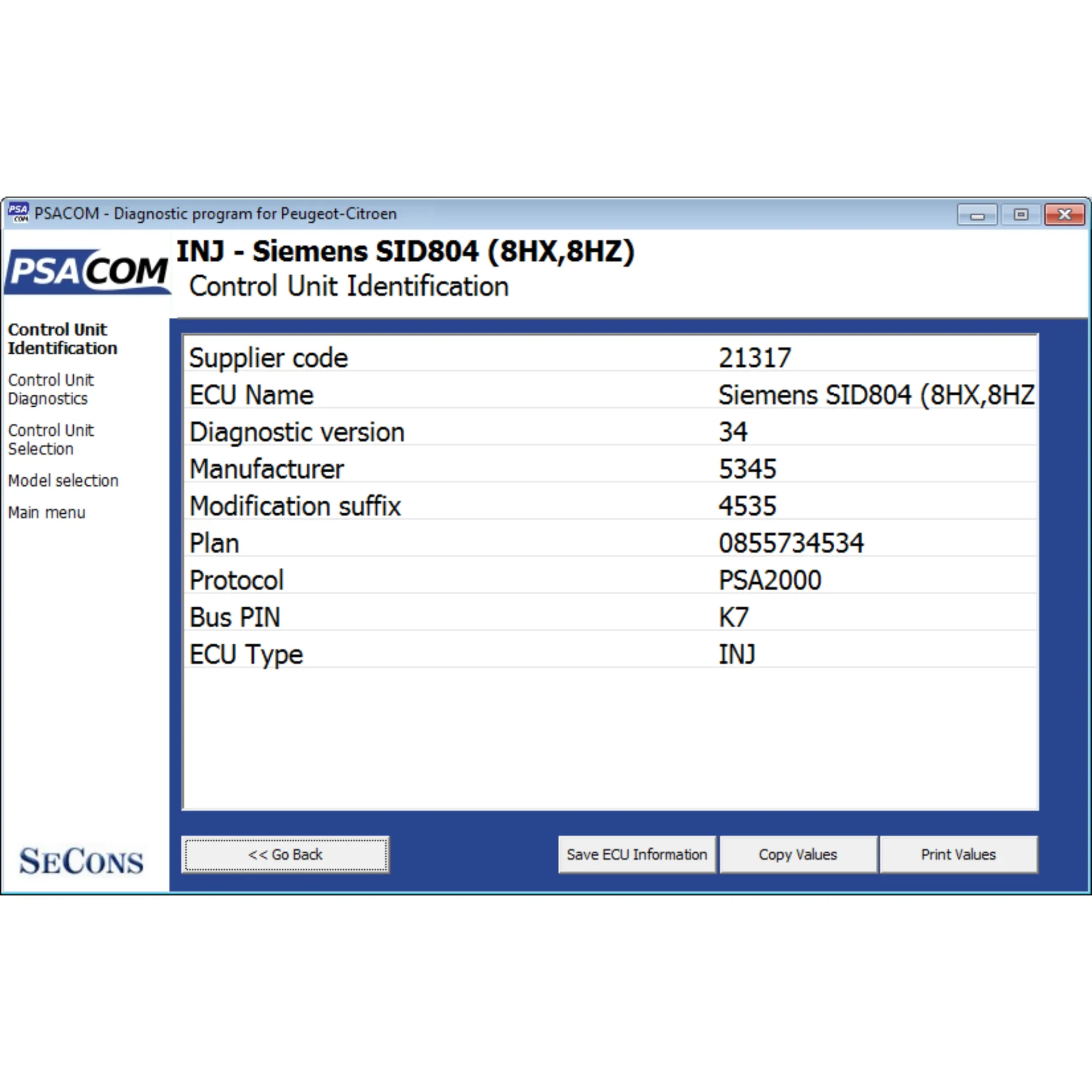 Anzeige der automatischen Erkennung der Steuergeräte von PSA-COM.