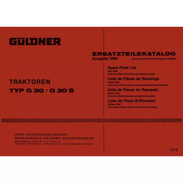 Linde-Güldner G30 G30S (Ausgabe 1966) Traktor Ersatzteilliste Ersatzteilkatalog