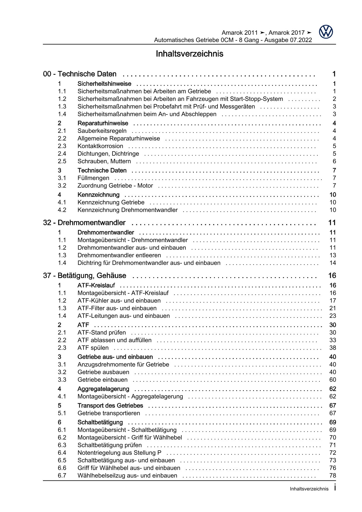 VW Amarok Typ 2H 2010-2016 8 Gang Automatisches Getriebe 0CM Reparaturanleitung