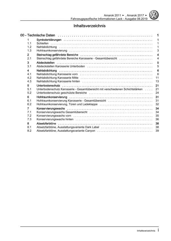 VW Amarok 2H 2010-2016 Fahrzeugspezifische Information Lack Reparaturanleitung