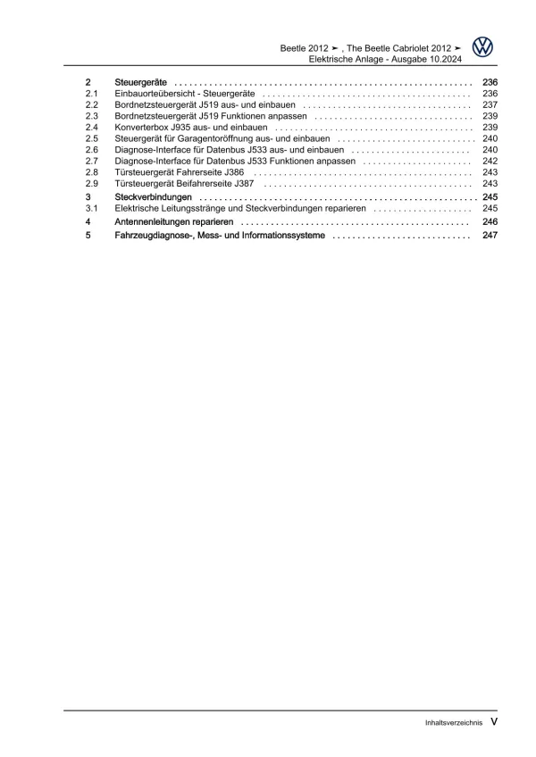 VW Beetle 5C 2011-2016 Elektrische Anlage Elektrik Systeme Reparaturanleitung