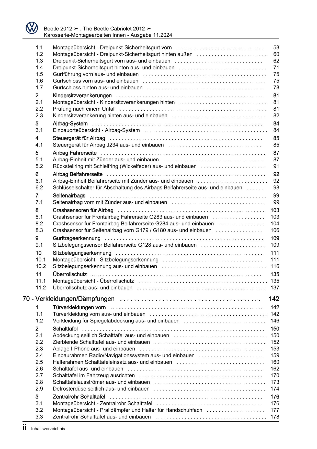 VW Beetle Typ 5C 2011-2016 Karosserie Montagearbeiten Innen Reparaturanleitung