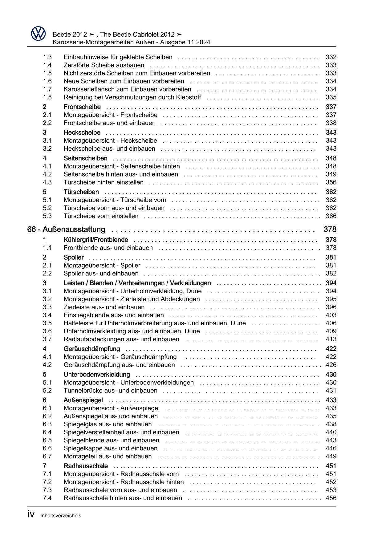VW Beetle Typ 5C 2011-2016 Karosserie Montagearbeiten Außen Reparaturanleitung