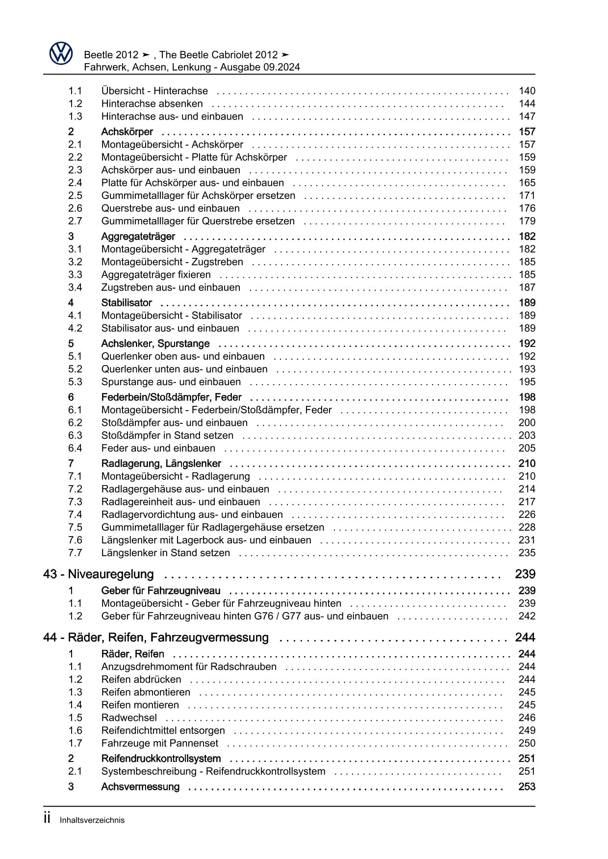 VW Beetle Typ 5C 2011-2016 Fahrwerk Achsen Lenkung Reparaturanleitung