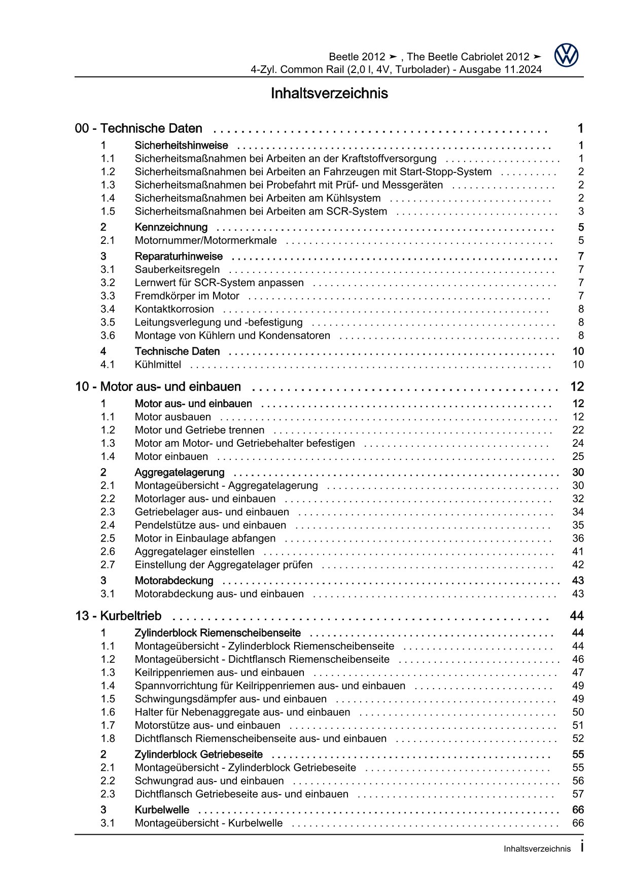 VW Beetle Typ 5C 2011-2016 4-Zyl. Dieselmotor 2,0l 110-150 PS Reparaturanleitung