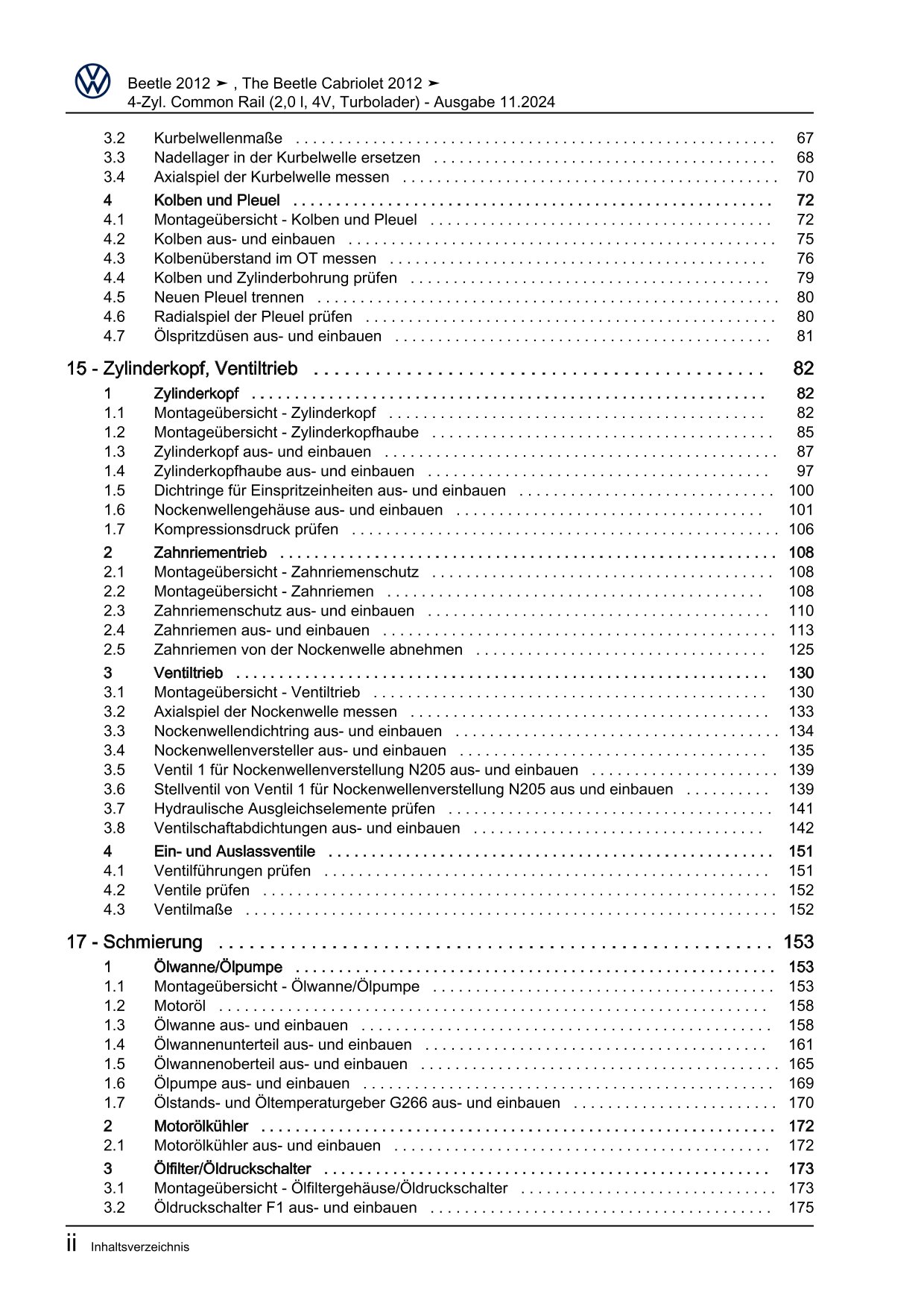 VW Beetle Typ 5C 2011-2016 4-Zyl. Dieselmotor 2,0l 110-150 PS Reparaturanleitung